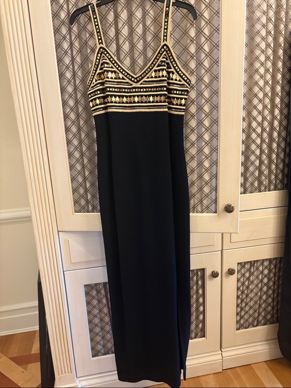 St. John Evening Dress w gold Embroidered Bodice and Spaghetti Straps.